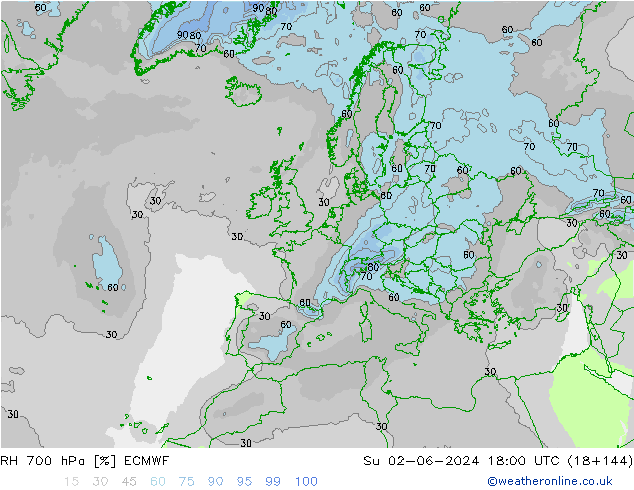 Humidité rel. 700 hPa ECMWF dim 02.06.2024 18 UTC