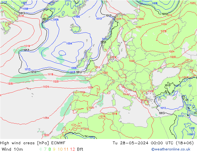 High wind areas ECMWF Út 28.05.2024 00 UTC