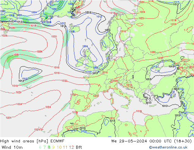 High wind areas ECMWF We 29.05.2024 00 UTC