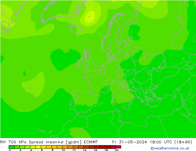 RH 700 hPa Spread ECMWF Sex 31.05.2024 18 UTC