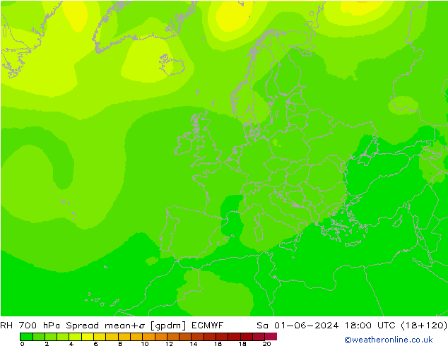 RH 700 гПа Spread ECMWF сб 01.06.2024 18 UTC