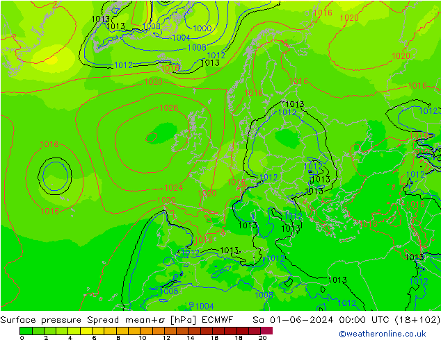 Surface pressure Spread ECMWF Sa 01.06.2024 00 UTC