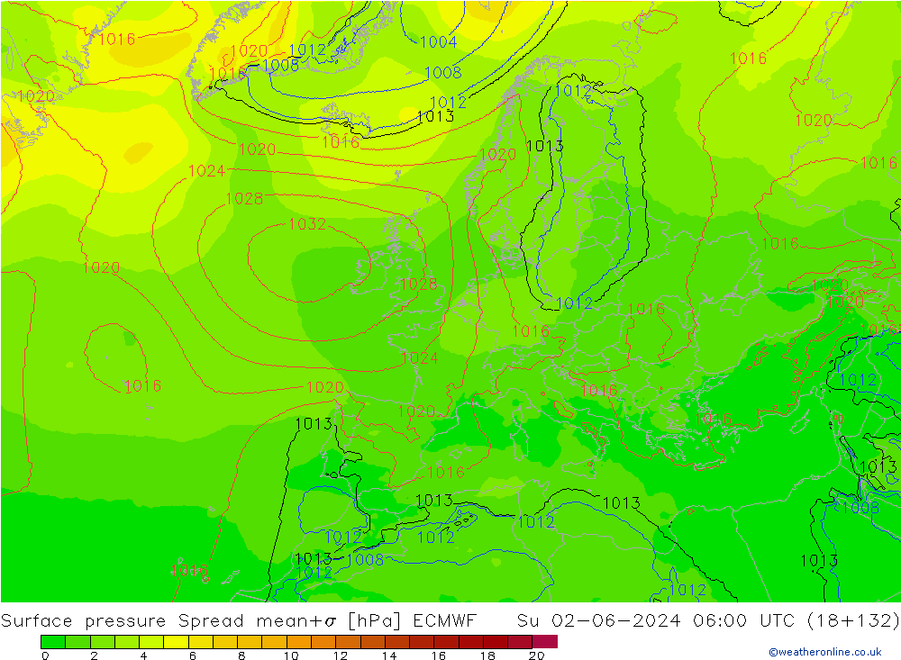 Surface pressure Spread ECMWF Su 02.06.2024 06 UTC