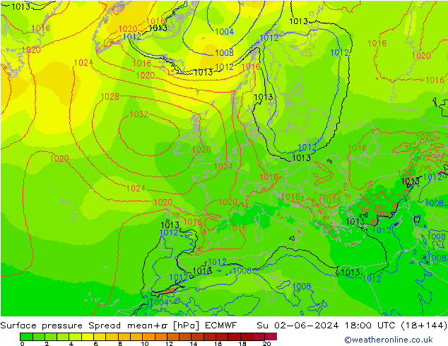 Luchtdruk op zeeniveau Spread ECMWF zo 02.06.2024 18 UTC