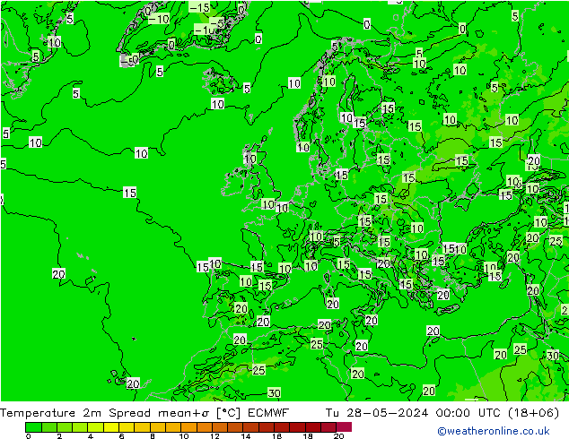 Temperatura 2m Spread ECMWF Ter 28.05.2024 00 UTC