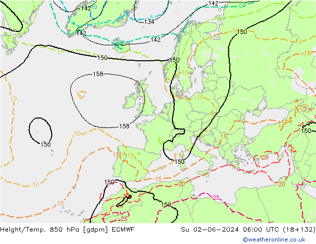 Height/Temp. 850 гПа ECMWF Вс 02.06.2024 06 UTC