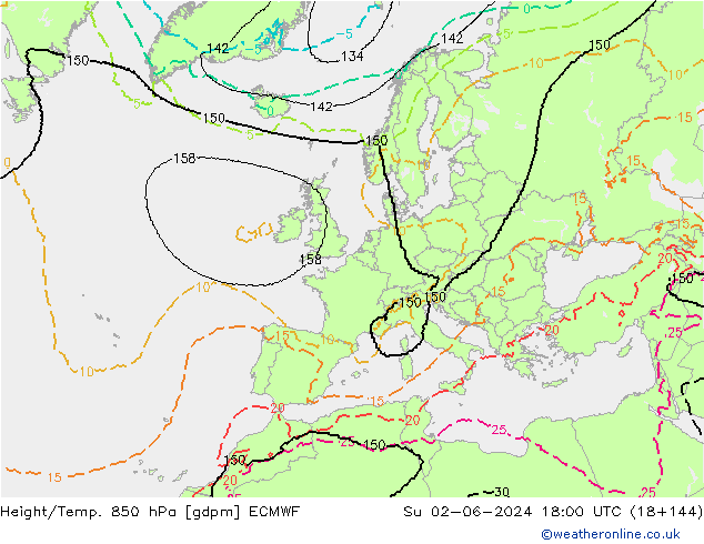 Yükseklik/Sıc. 850 hPa ECMWF Paz 02.06.2024 18 UTC