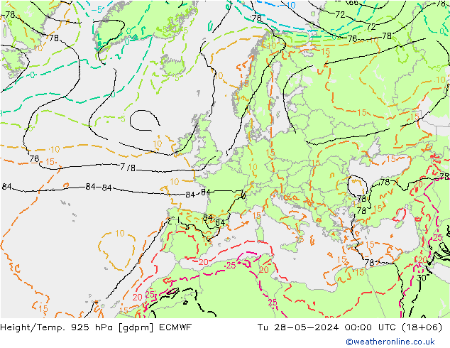 Height/Temp. 925 hPa ECMWF wto. 28.05.2024 00 UTC