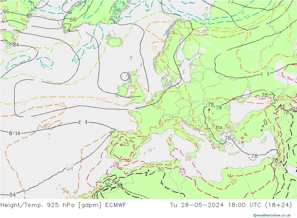 Yükseklik/Sıc. 925 hPa ECMWF Sa 28.05.2024 18 UTC