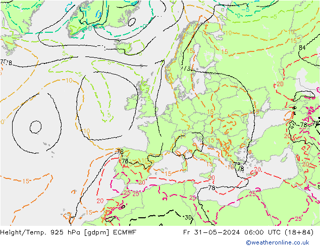 Height/Temp. 925 hPa ECMWF Fr 31.05.2024 06 UTC