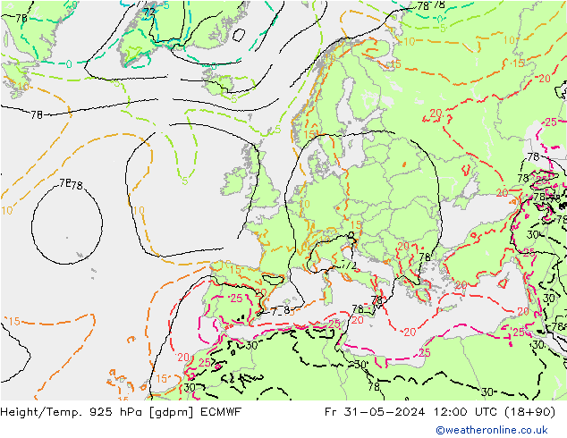 Height/Temp. 925 hPa ECMWF Sex 31.05.2024 12 UTC