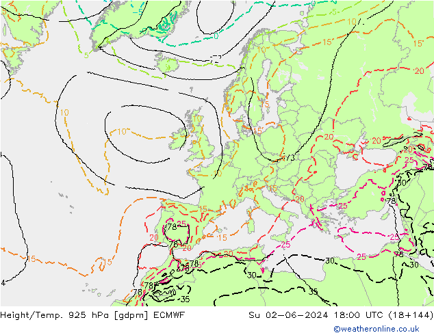 Height/Temp. 925 hPa ECMWF Ne 02.06.2024 18 UTC