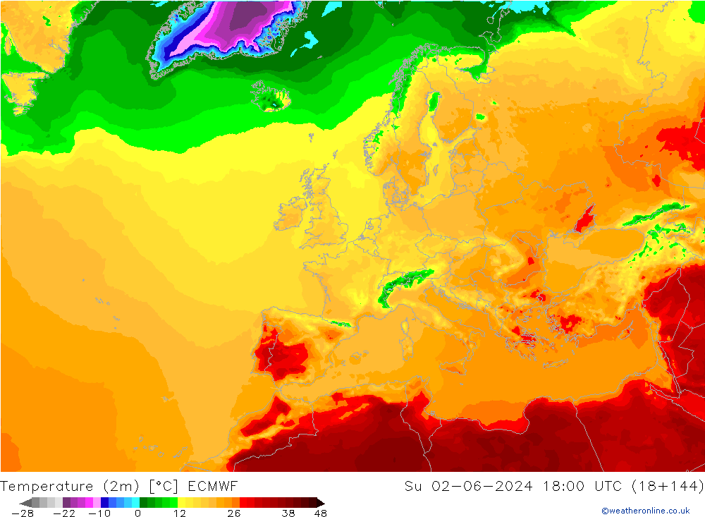 Temperature (2m) ECMWF Su 02.06.2024 18 UTC