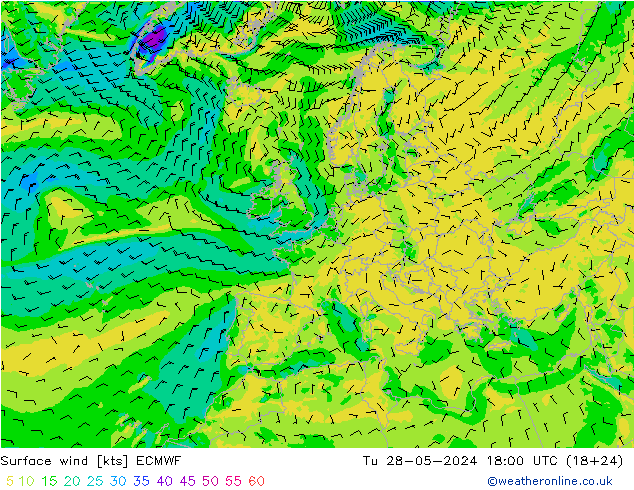 Vento 10 m ECMWF mar 28.05.2024 18 UTC