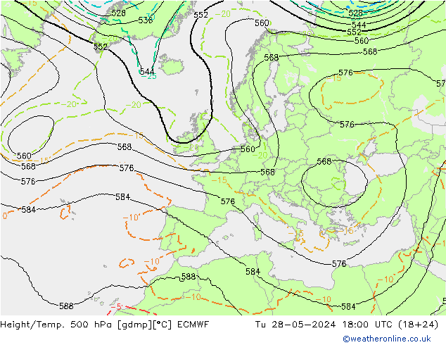 Height/Temp. 500 hPa ECMWF Di 28.05.2024 18 UTC