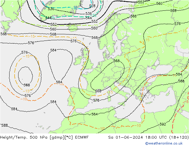 Height/Temp. 500 hPa ECMWF Sa 01.06.2024 18 UTC