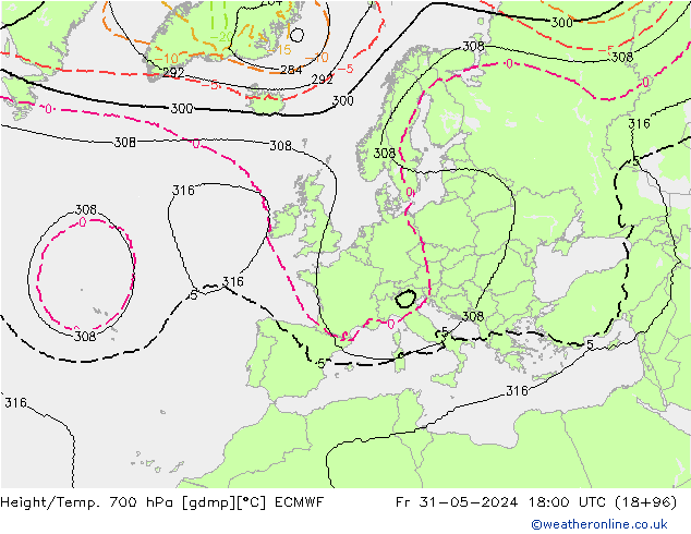 Géop./Temp. 700 hPa ECMWF ven 31.05.2024 18 UTC