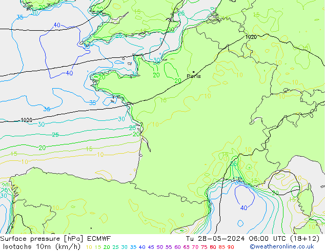 Isotachs (kph) ECMWF mar 28.05.2024 06 UTC