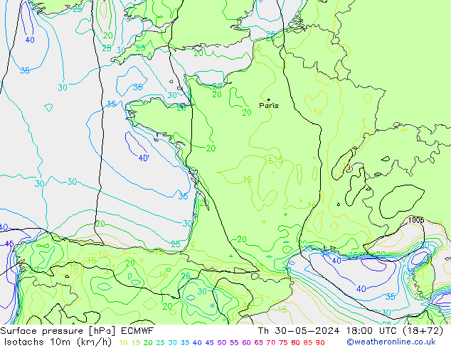 Isotachs (kph) ECMWF Čt 30.05.2024 18 UTC