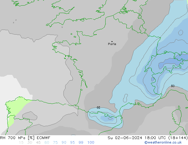 RH 700 hPa ECMWF Su 02.06.2024 18 UTC