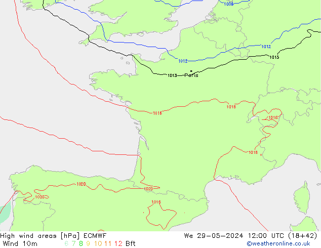 High wind areas ECMWF We 29.05.2024 12 UTC