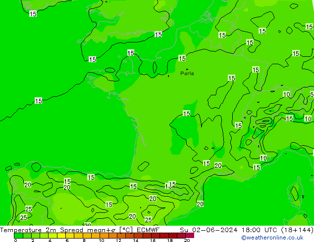 карта температуры Spread ECMWF Вс 02.06.2024 18 UTC