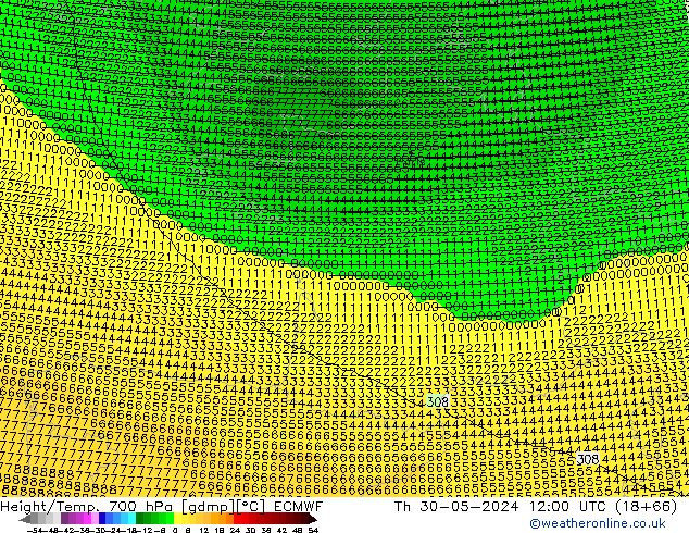 Hoogte/Temp. 700 hPa ECMWF do 30.05.2024 12 UTC