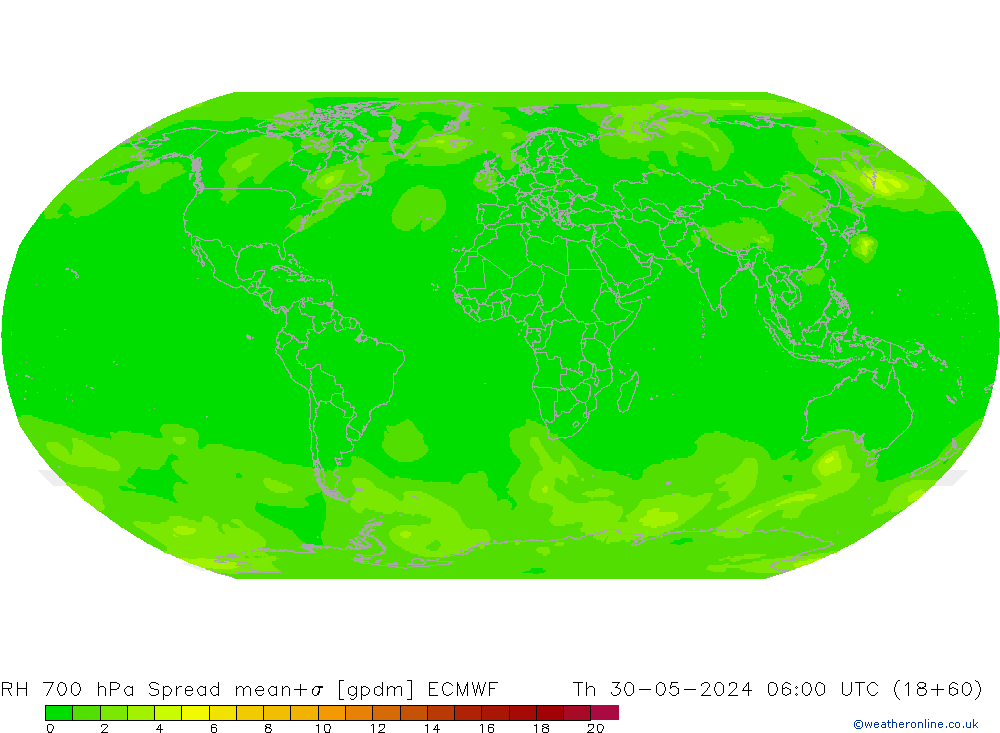 RH 700 hPa Spread ECMWF Čt 30.05.2024 06 UTC