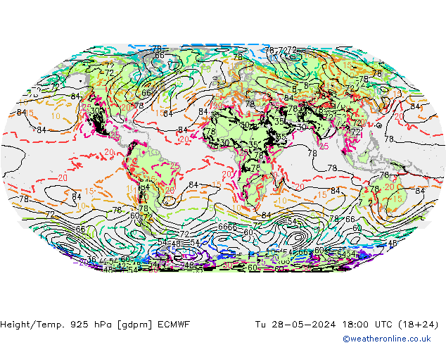 Height/Temp. 925 hPa ECMWF Út 28.05.2024 18 UTC