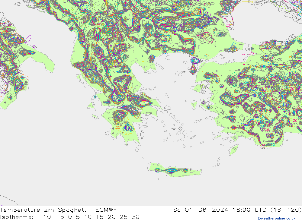 Temperatura 2m Spaghetti ECMWF Sáb 01.06.2024 18 UTC