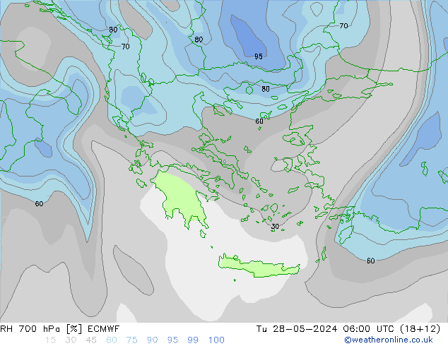 RH 700 гПа ECMWF вт 28.05.2024 06 UTC