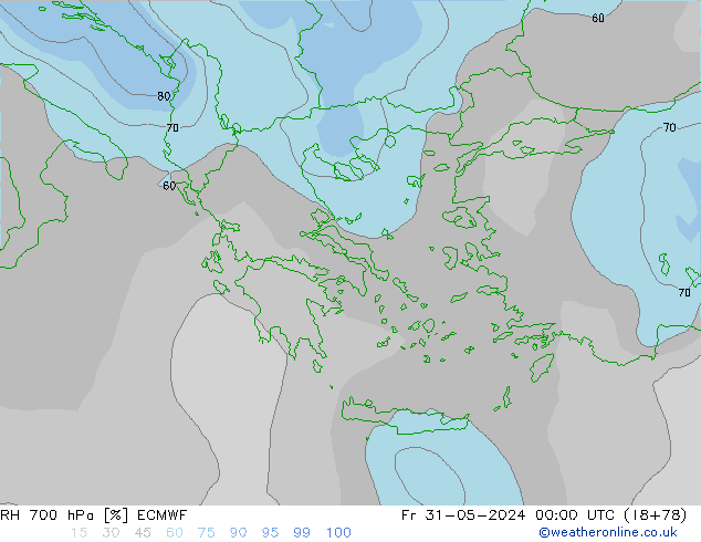 Humedad rel. 700hPa ECMWF vie 31.05.2024 00 UTC