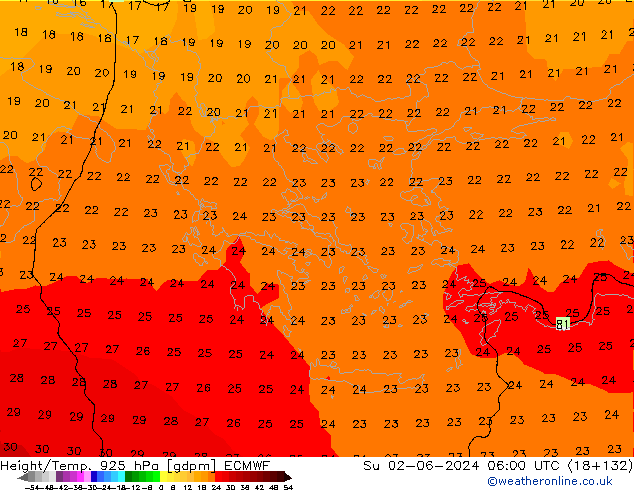 Yükseklik/Sıc. 925 hPa ECMWF Paz 02.06.2024 06 UTC