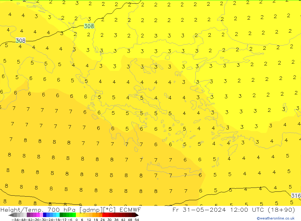 Height/Temp. 700 hPa ECMWF ven 31.05.2024 12 UTC