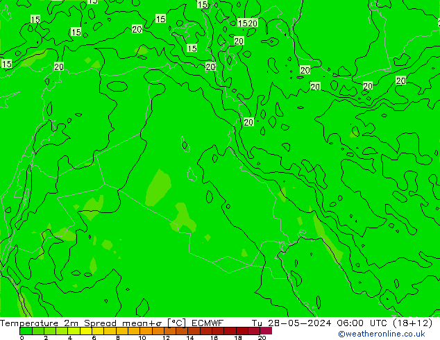 Temperature 2m Spread ECMWF Tu 28.05.2024 06 UTC