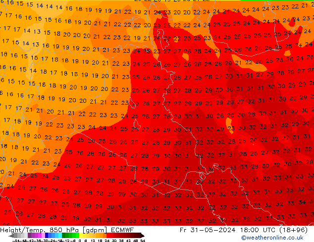 Height/Temp. 850 гПа ECMWF пт 31.05.2024 18 UTC