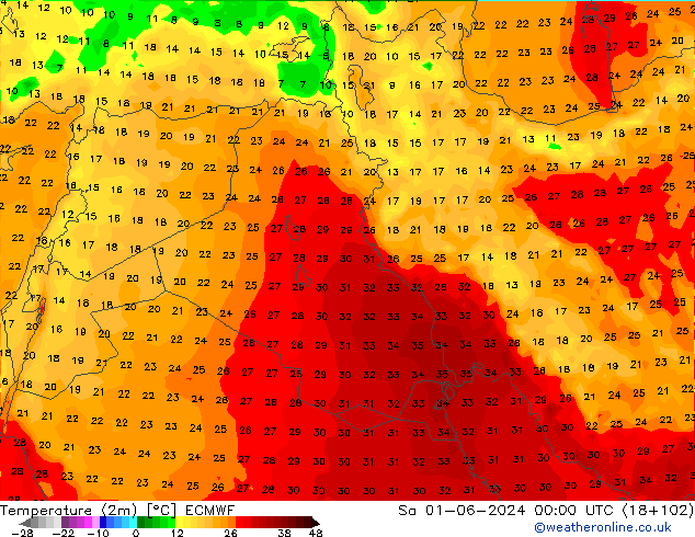 Temperaturkarte (2m) ECMWF Sa 01.06.2024 00 UTC