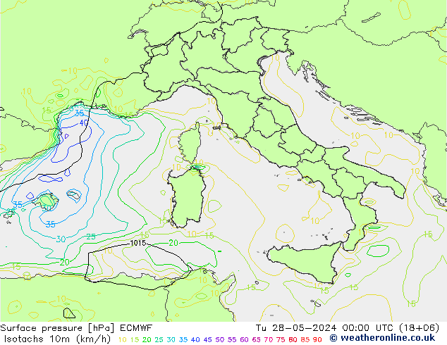 Isotachs (kph) ECMWF mar 28.05.2024 00 UTC