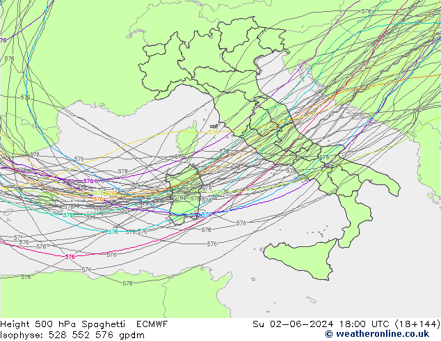 Height 500 hPa Spaghetti ECMWF Su 02.06.2024 18 UTC