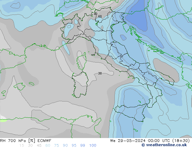 RH 700 hPa ECMWF Mi 29.05.2024 00 UTC