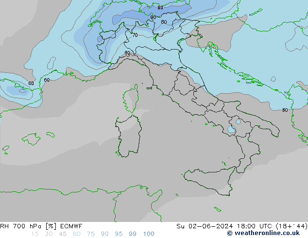 RH 700 hPa ECMWF Su 02.06.2024 18 UTC