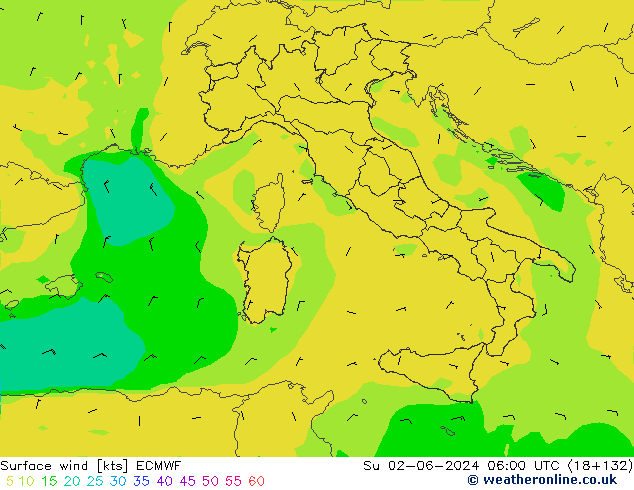 wiatr 10 m ECMWF nie. 02.06.2024 06 UTC