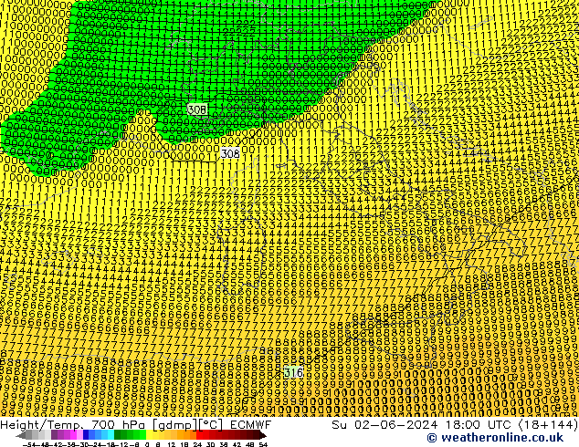 Height/Temp. 700 hPa ECMWF Su 02.06.2024 18 UTC