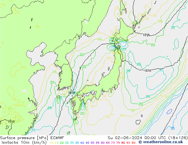 Isotachs (kph) ECMWF Ne 02.06.2024 00 UTC