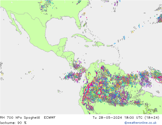 RH 700 hPa Spaghetti ECMWF wto. 28.05.2024 18 UTC