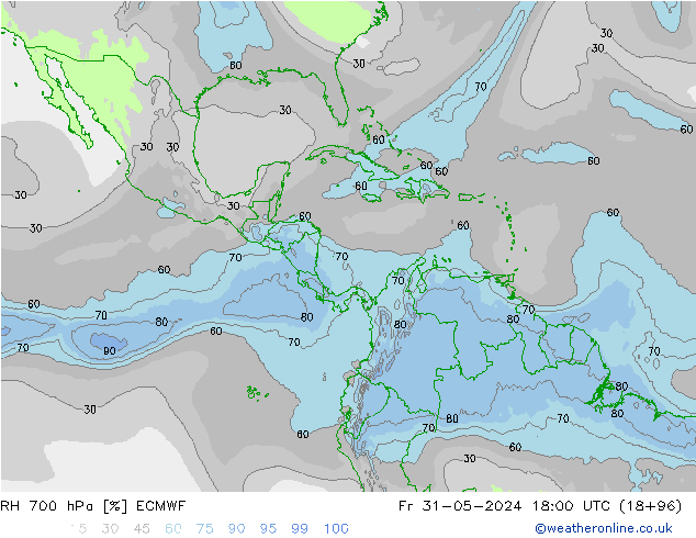 RH 700 hPa ECMWF Pá 31.05.2024 18 UTC