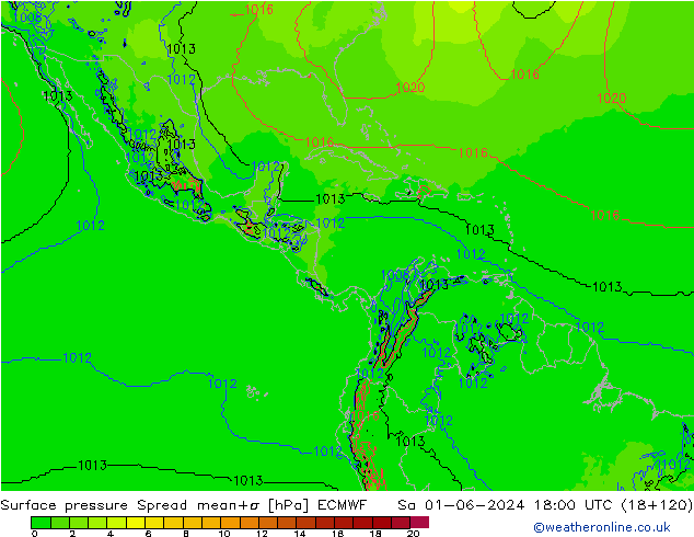 Surface pressure Spread ECMWF Sa 01.06.2024 18 UTC