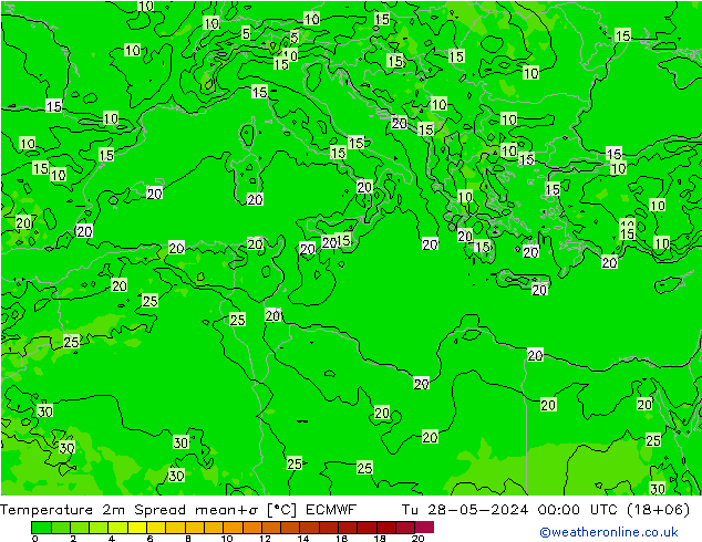 mapa temperatury 2m Spread ECMWF wto. 28.05.2024 00 UTC