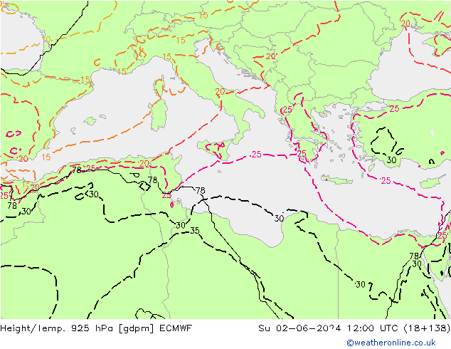 Geop./Temp. 925 hPa ECMWF dom 02.06.2024 12 UTC