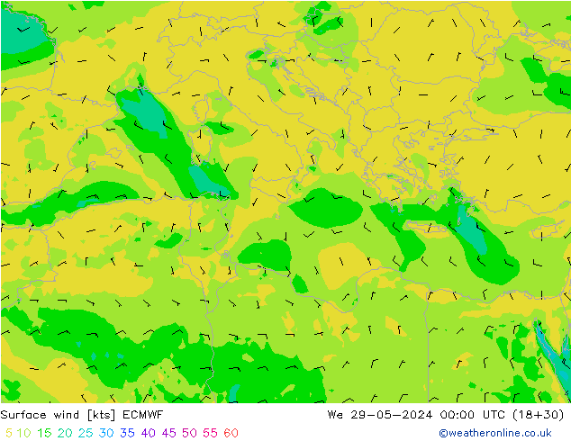 wiatr 10 m ECMWF śro. 29.05.2024 00 UTC